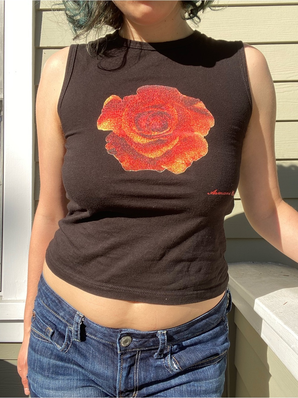 Armani Exchange Black Sleeveless Tank with Red Rose Beaded Graphic